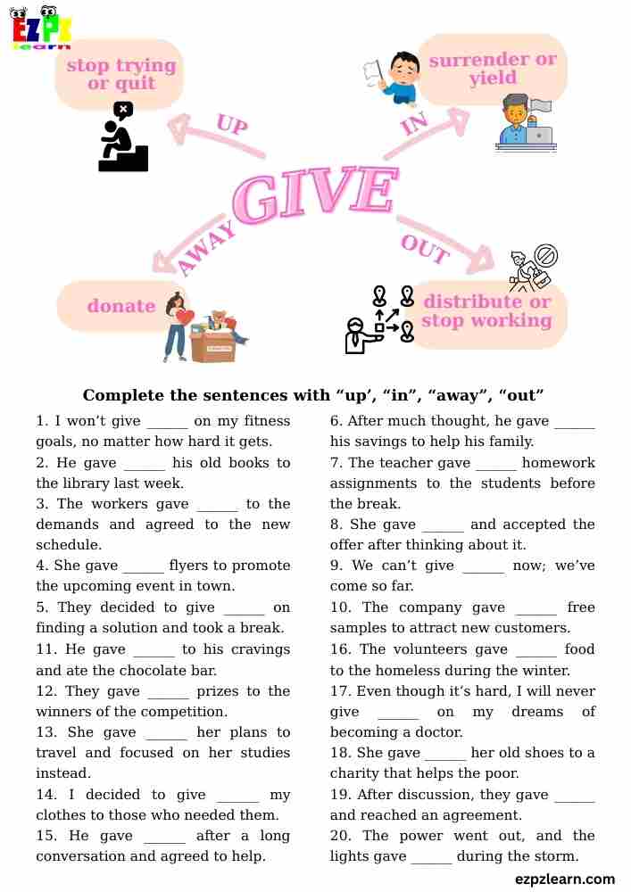 Phrasal Verbs with “Give” – 20 Sentence Worksheet | ESL Printable PDF